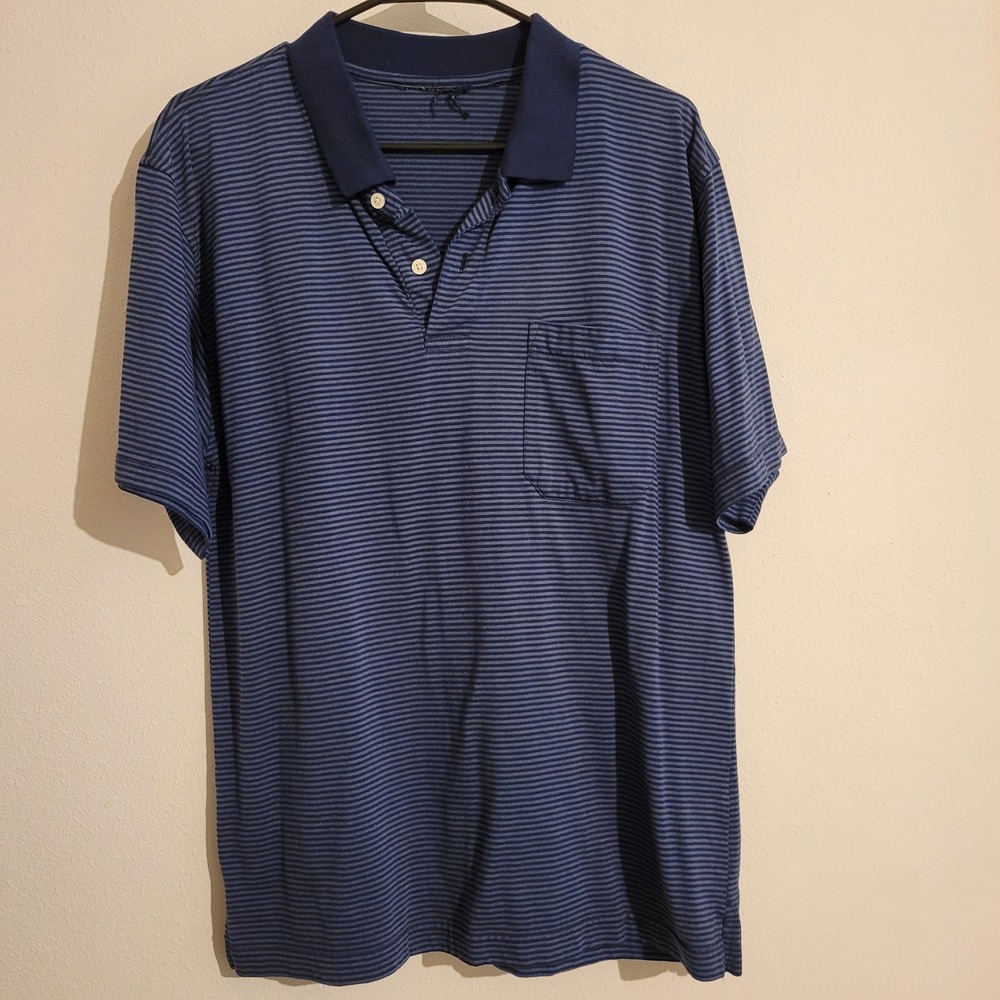 Mens Blue‎ Striped Short Sleeve Polo Shirt Chest Pocket Navy Collar Size L XL